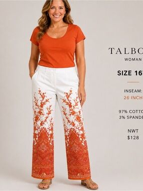 Talbots Woman 16W Orange White Paisley Border Print Pants NWT